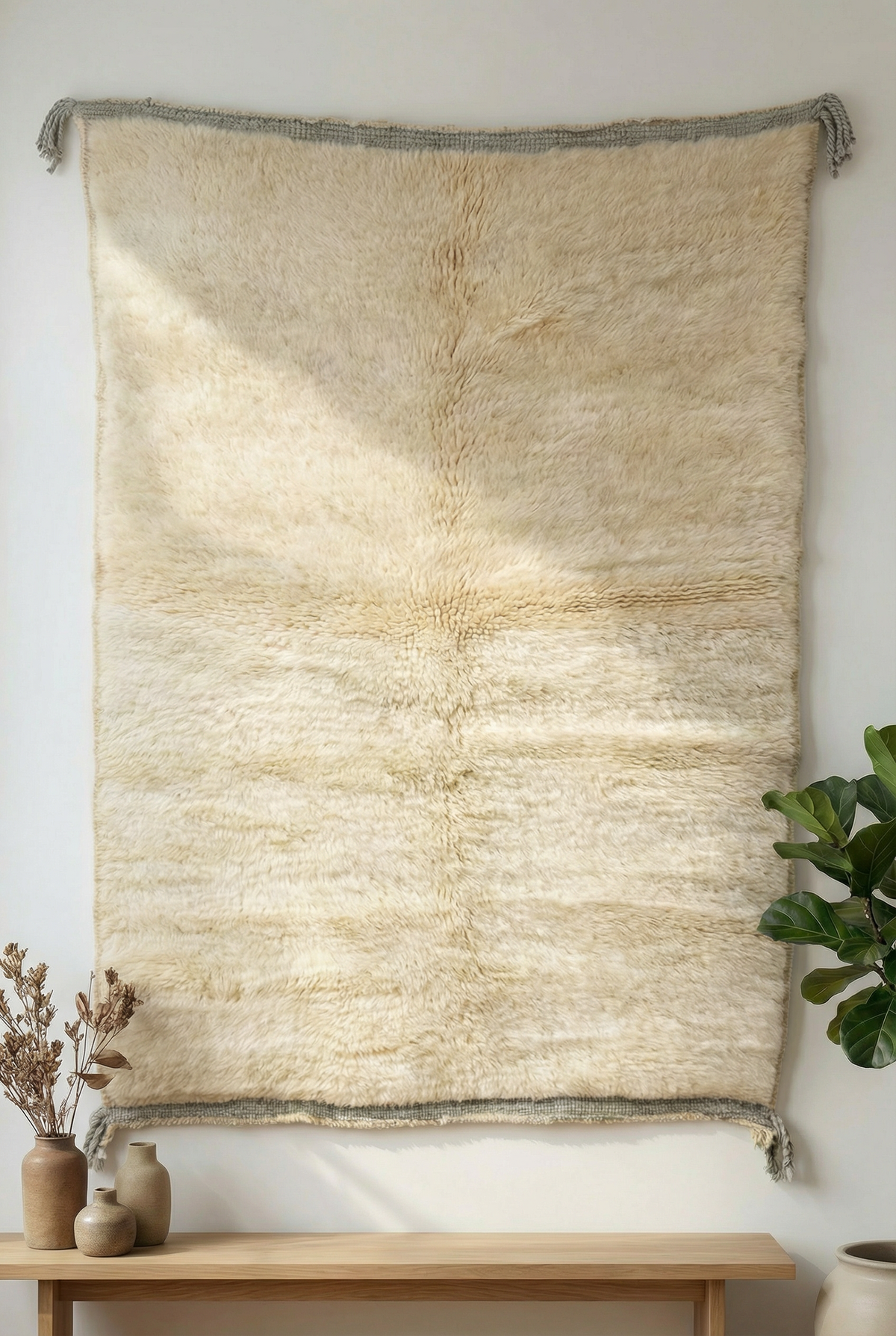 Moroccan wool rug, natural white wool with a high pile and subtle tonal texture, product view 2