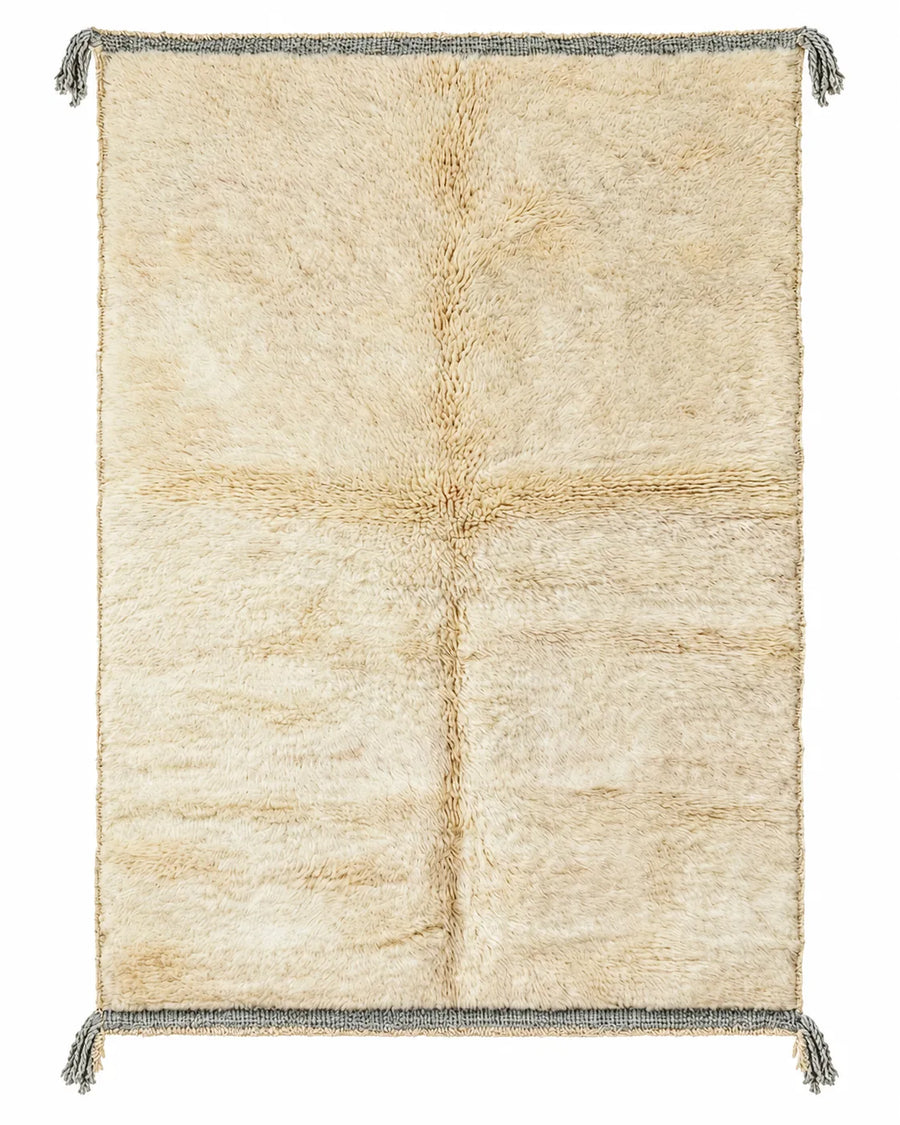 Front view of Moroccan wool rug, natural white wool with a high pile and subtle tonal texture