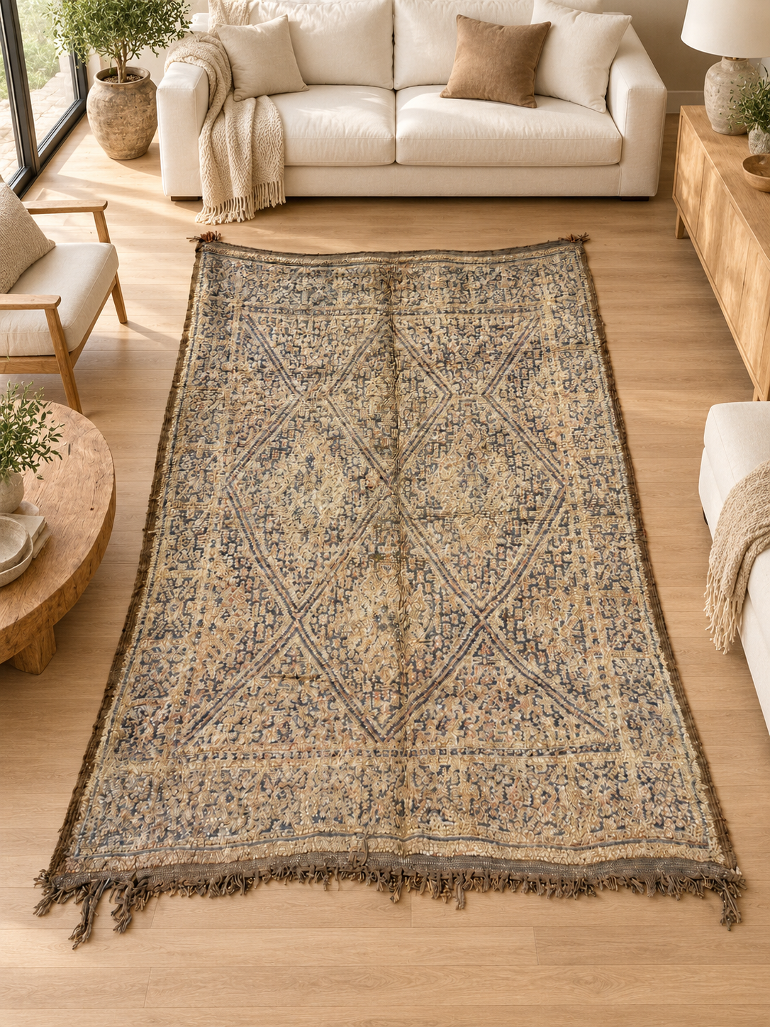 AI-generated room inspiration: Greige Vintage Moroccan Rug with Large Diamond Panel, 300 × 210 cm.
