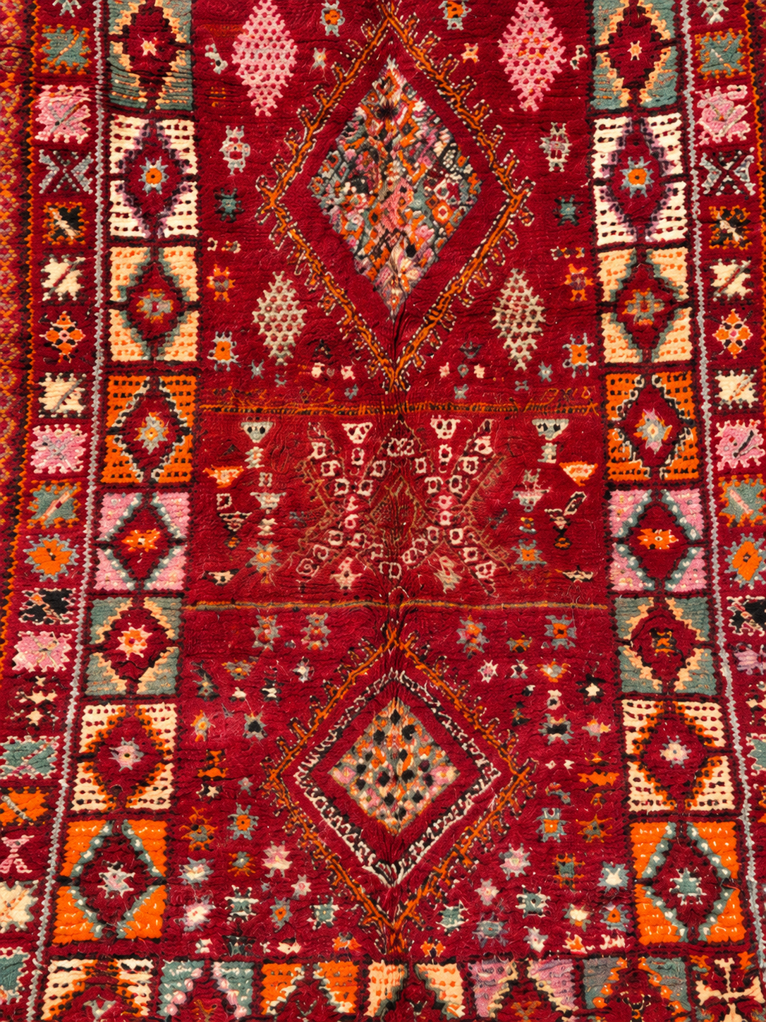 Detail of Red Vintage Moroccan Rug with Ornamental Medallion, 430 × 210 cm.