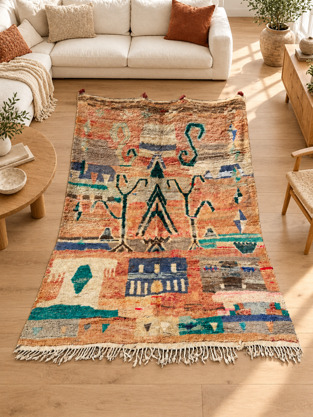 AI-generated room inspiration: Large Vintage Moroccan Rug with Abstract Symbols, 400 × 300 cm.