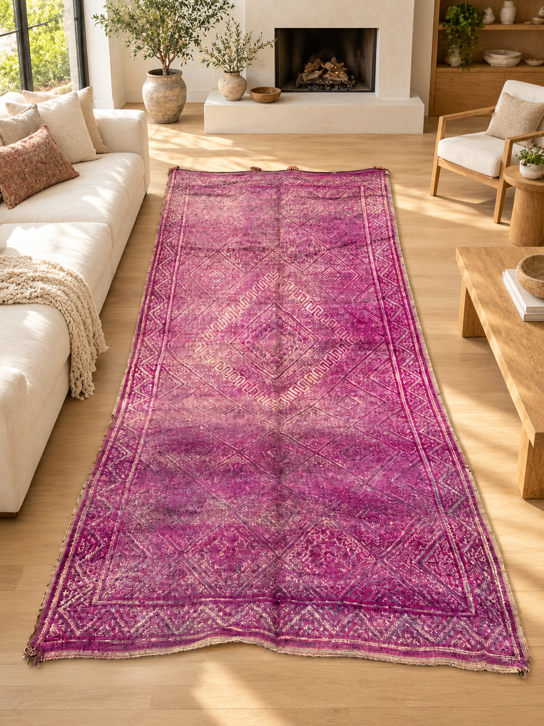 AI-generated room inspiration: Purple Vintage Moroccan Rug with Delicate Pattern, 444 × 210 cm.