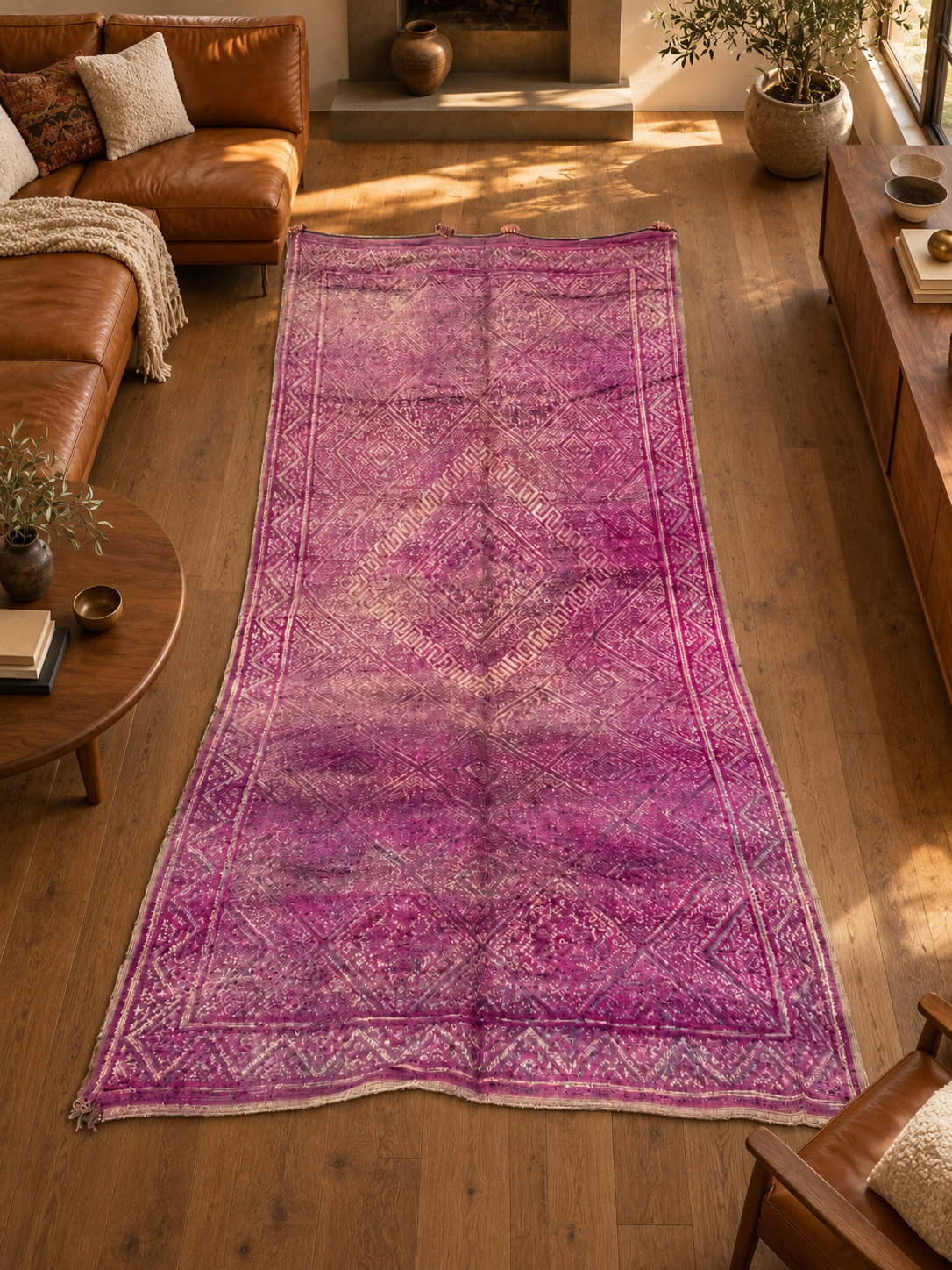 AI-generated room inspiration: Purple Vintage Moroccan Rug with Delicate Pattern, 444 × 210 cm.