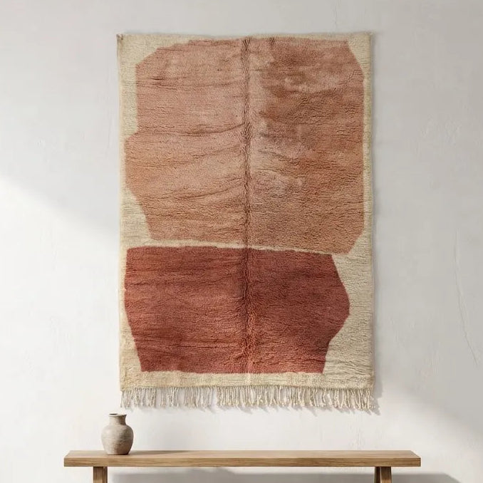 Front view of Moroccan wool rug, terracotta wool ground