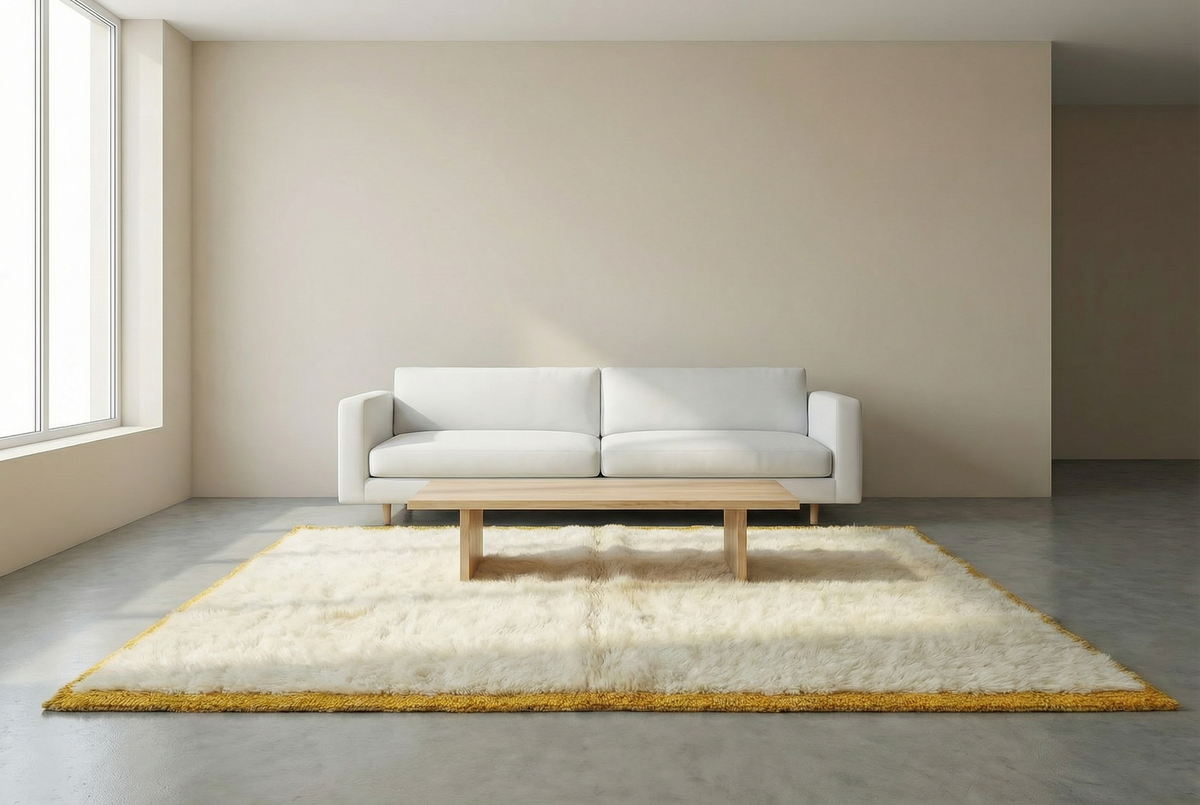 Detail of Mrirt wool rug, cream wool ground with a yellow border