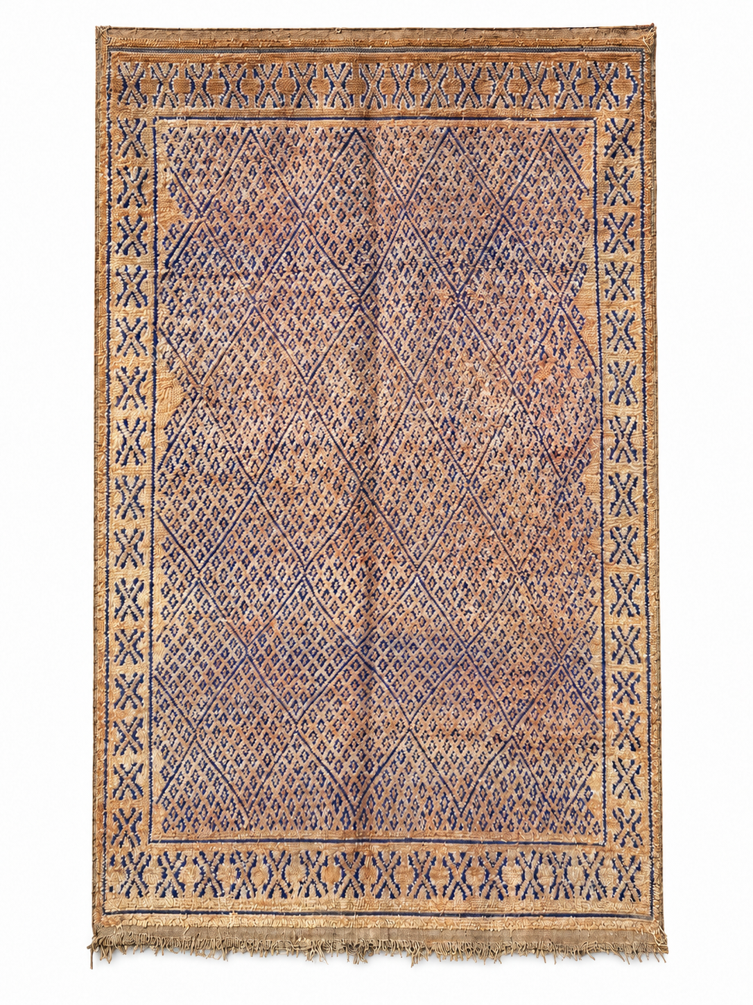 Full view of Light Vintage Moroccan Rug with Beige and Gray Pattern, 330 × 200 cm.