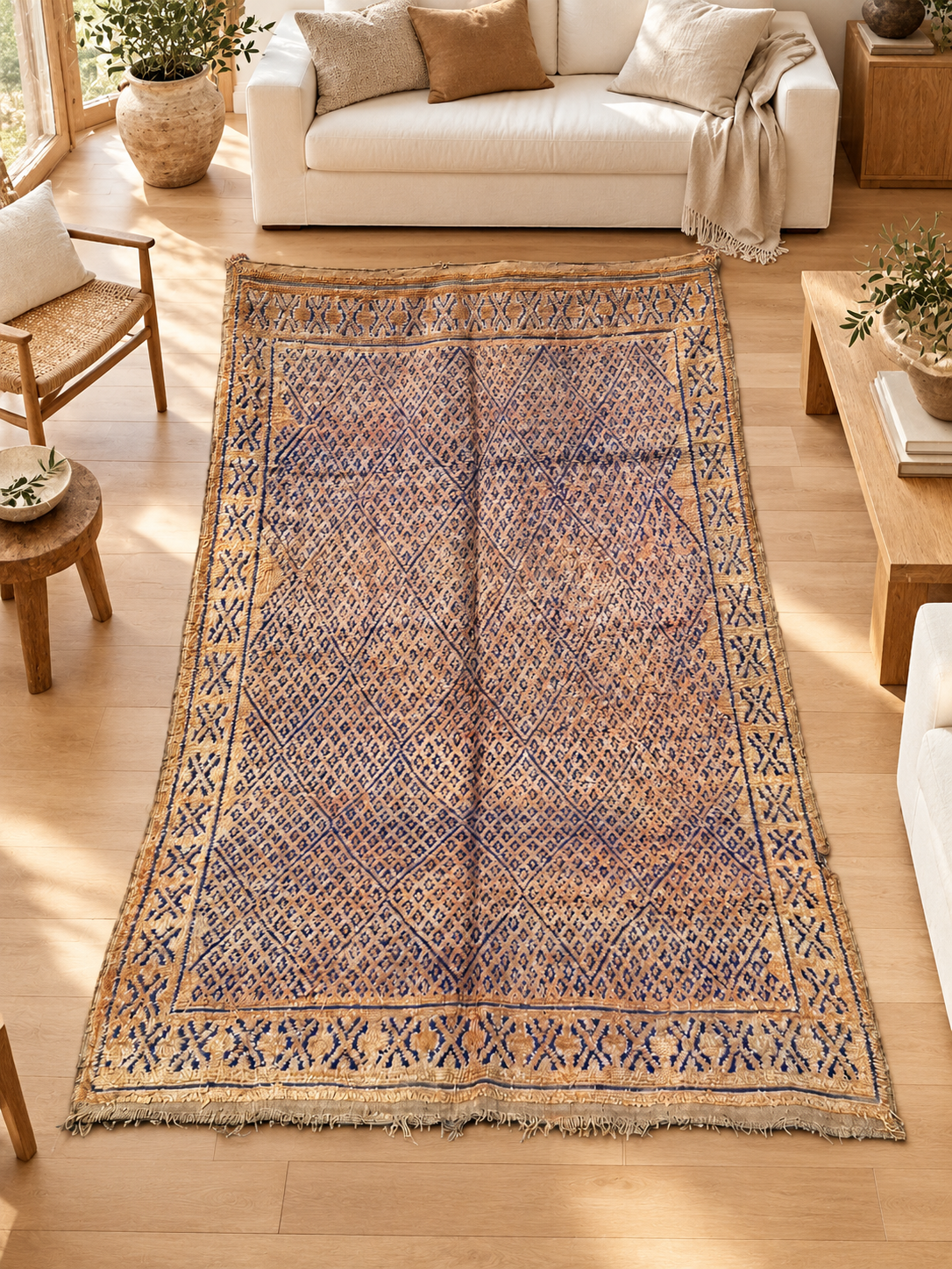 AI-generated room inspiration: Light Vintage Moroccan Rug with Beige and Gray Pattern, 330 × 200 cm.