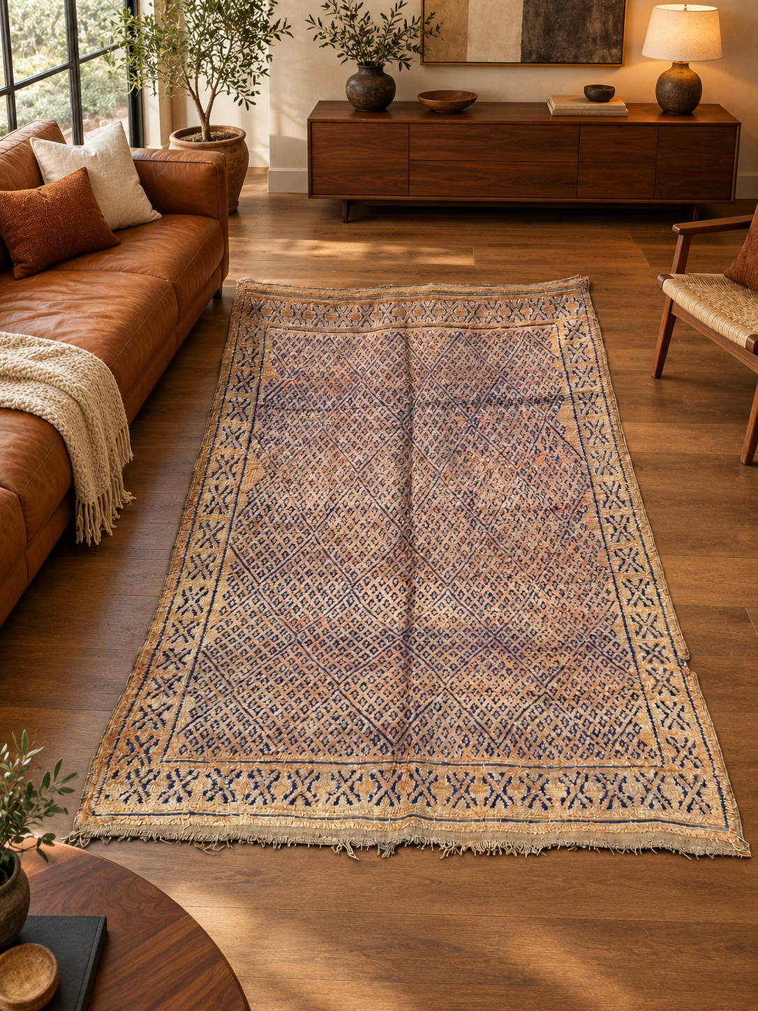 AI-generated room inspiration: Light Vintage Moroccan Rug with Beige and Gray Pattern, 330 × 200 cm.