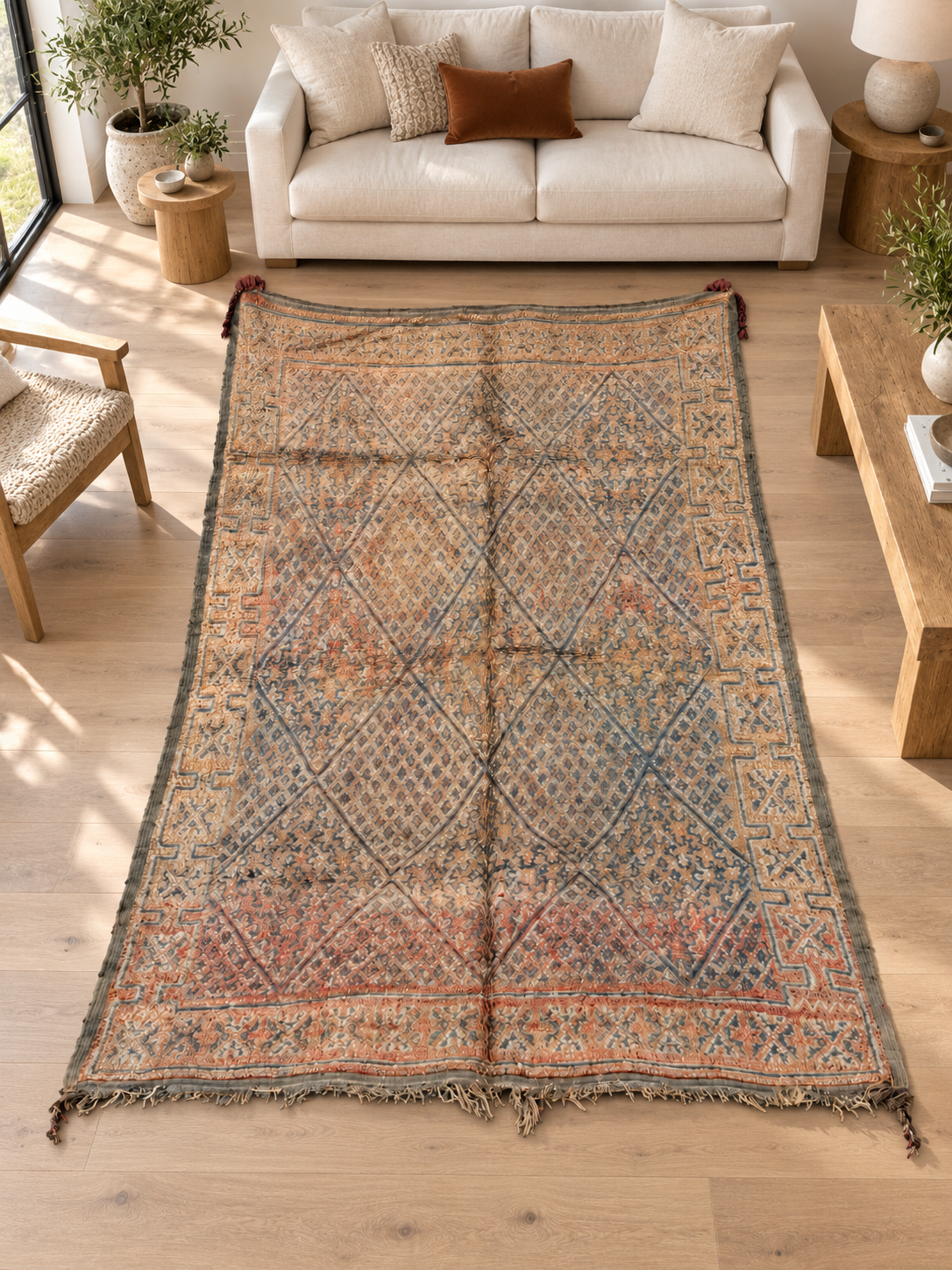 AI-generated room inspiration: Light Vintage Moroccan Rug with Fine Diamond Grid, 300 × 190 cm.