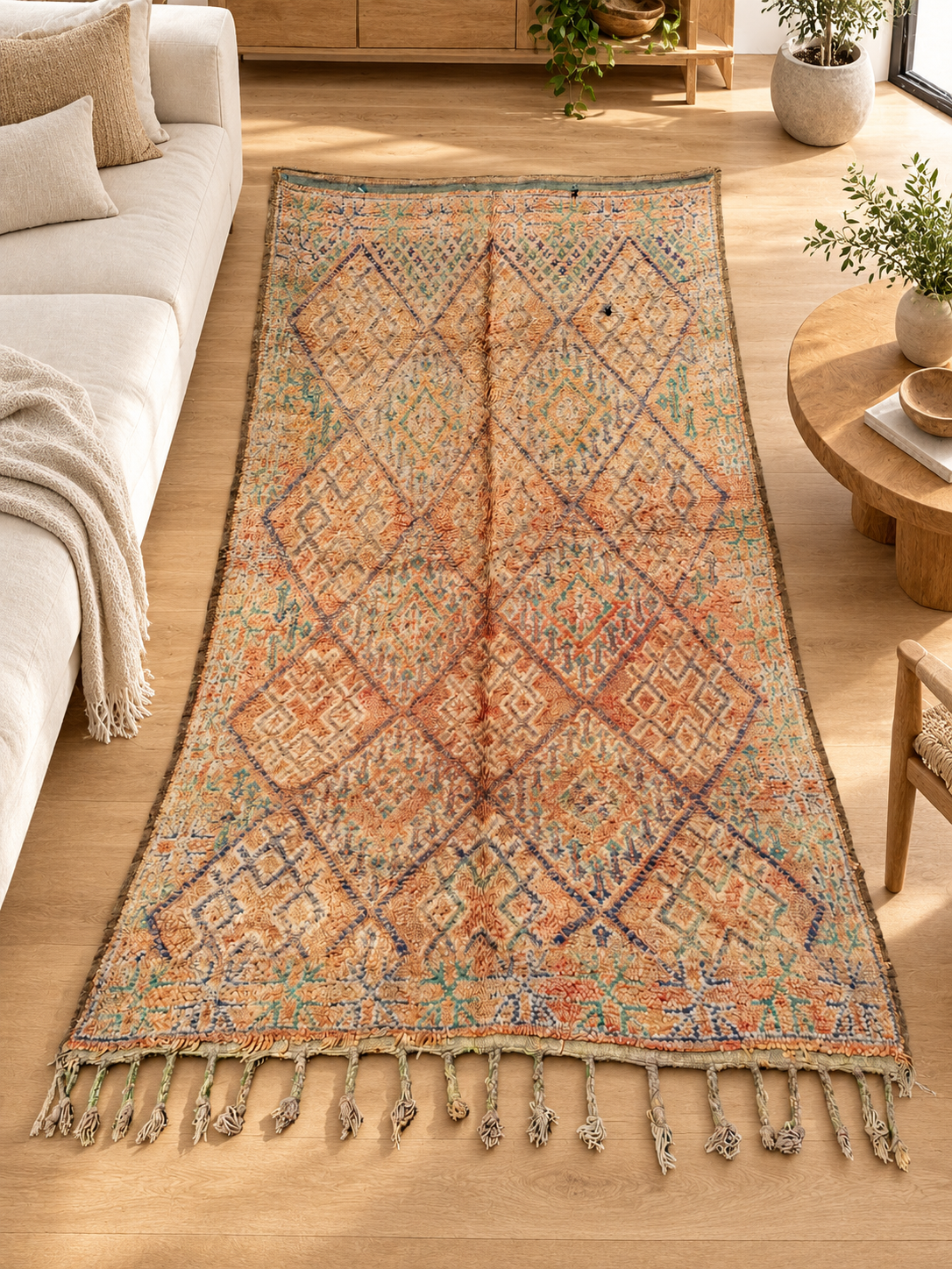 AI-generated room inspiration: Light Vintage Moroccan Rug with Pink and Gray Diamonds, 340 × 170 cm.