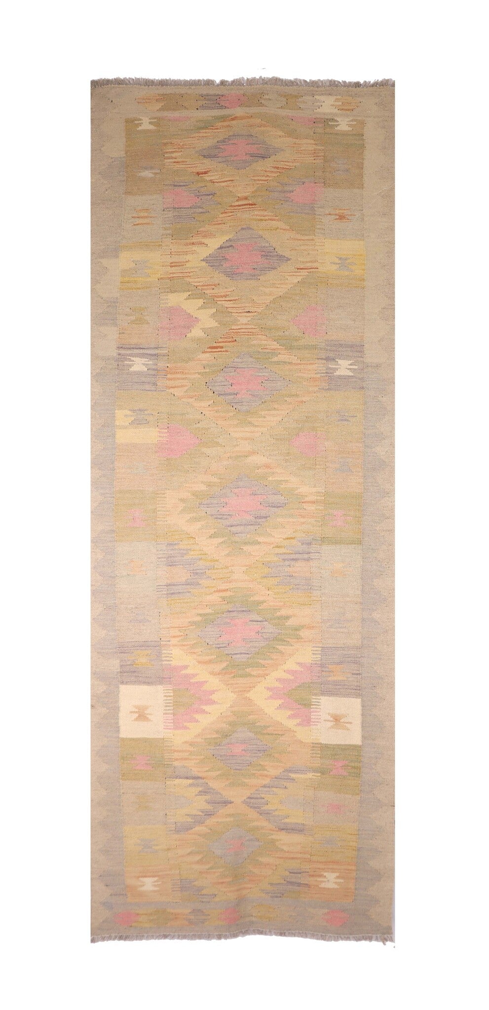Beige and Pink Diamond Kilim Runner, 295 × 77 cm — full view
