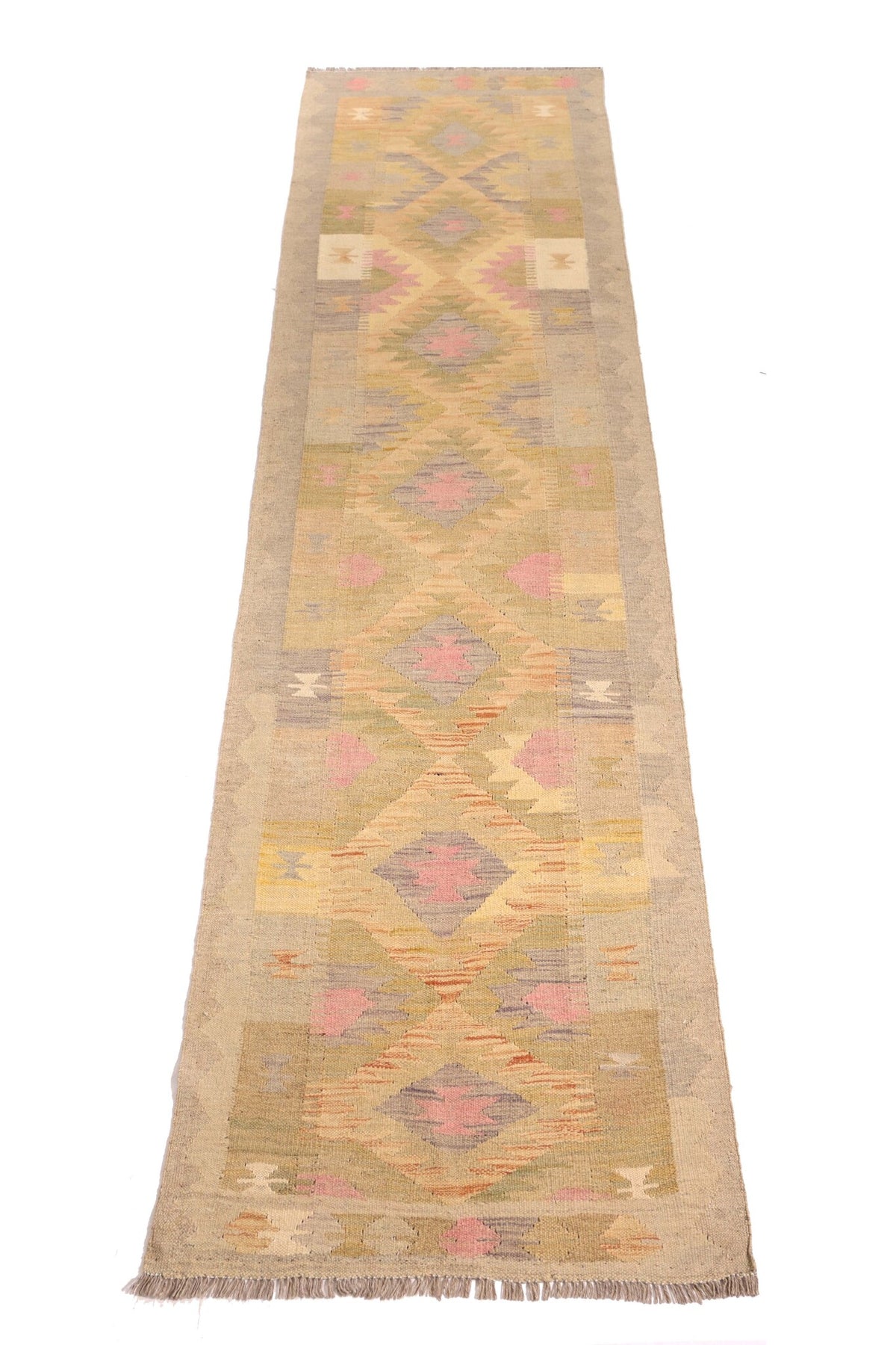 Beige and Pink Diamond Kilim Runner, 295 × 77 cm — detail 1