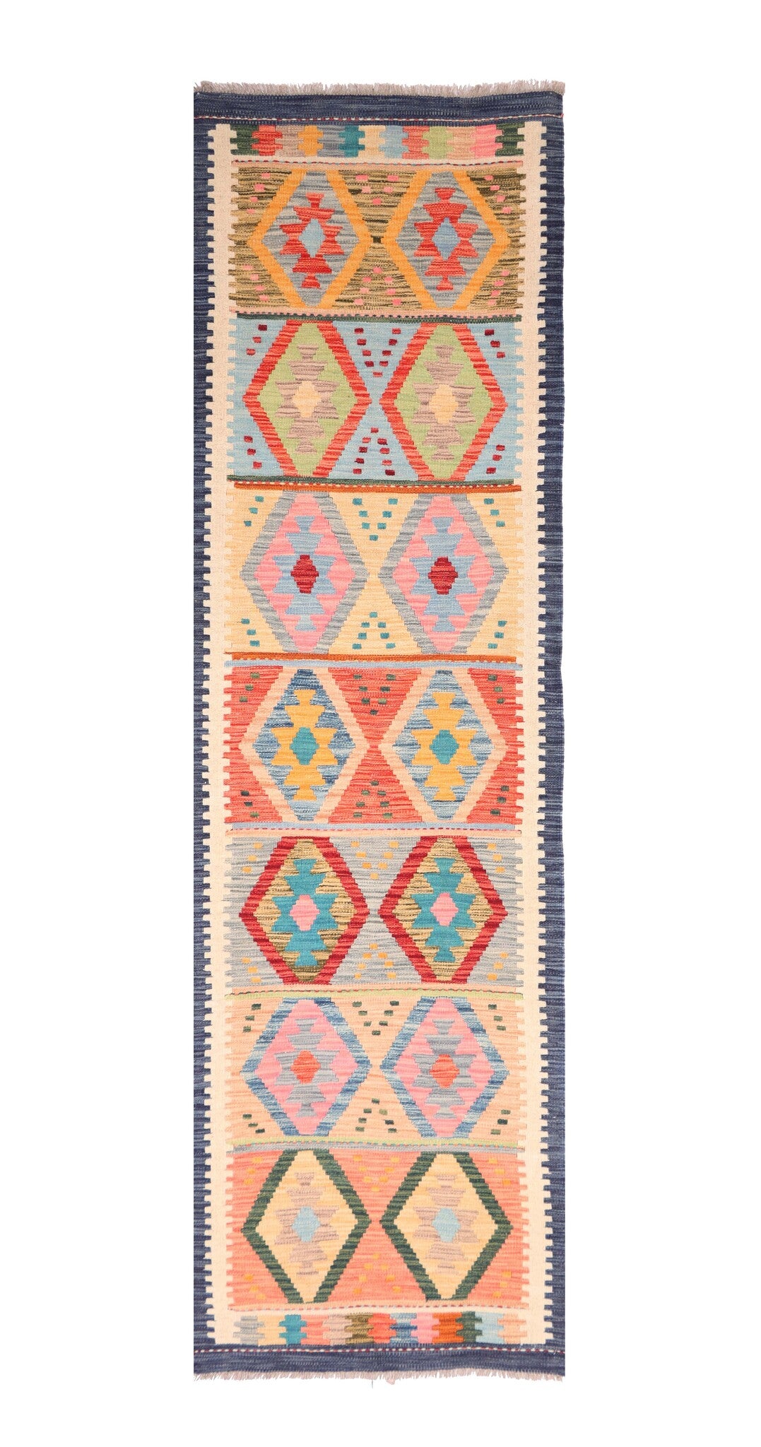 Colorful Diamond Row Kilim Runner, 298 × 77 cm — full view