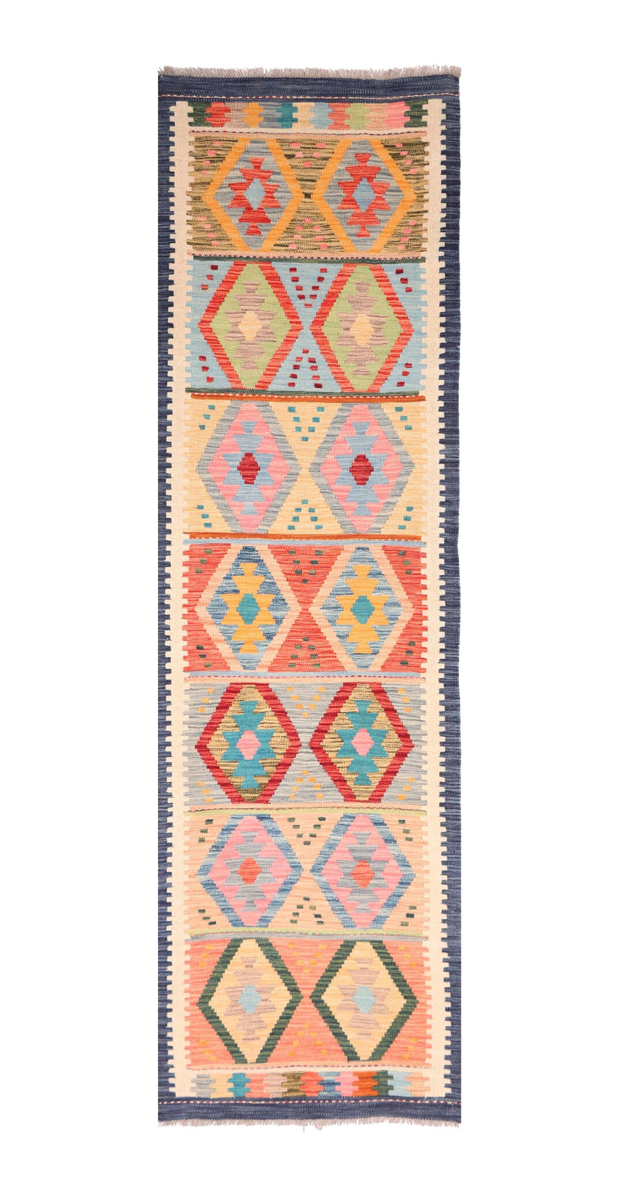 Colorful Diamond Row Kilim Runner, 298 × 77 cm — full view