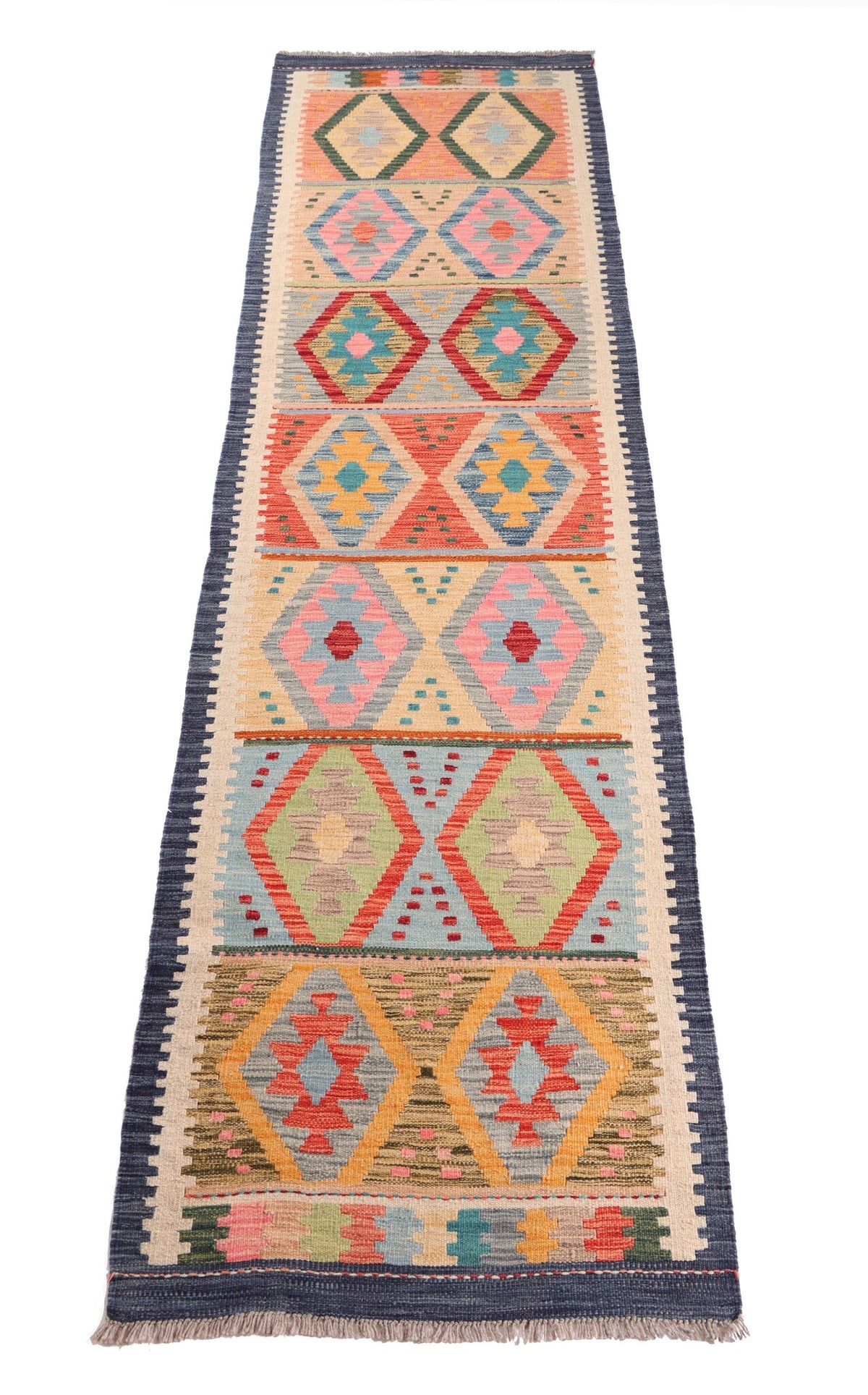 Colorful Diamond Row Kilim Runner, 298 × 77 cm — detail 1