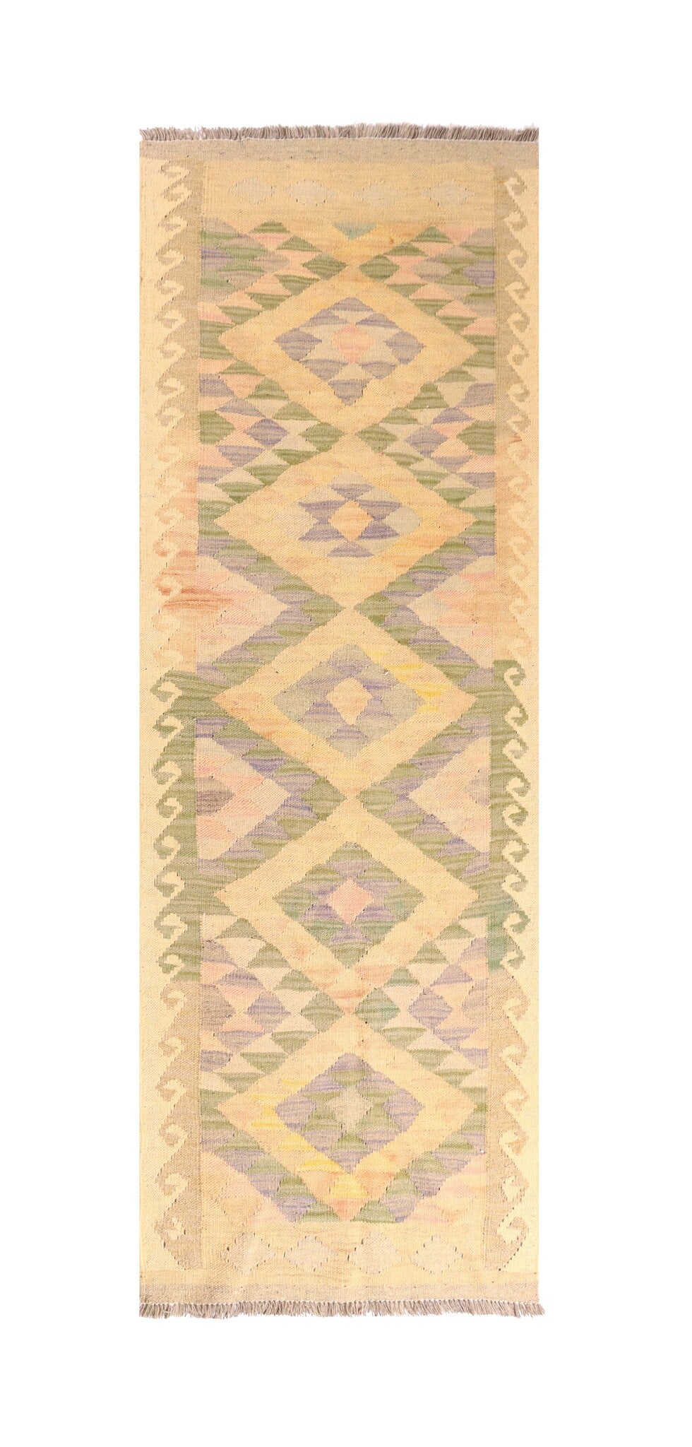 Natural-Tone Kilim Runner with Green and Violet Diamonds, 183 × 67 cm — full view