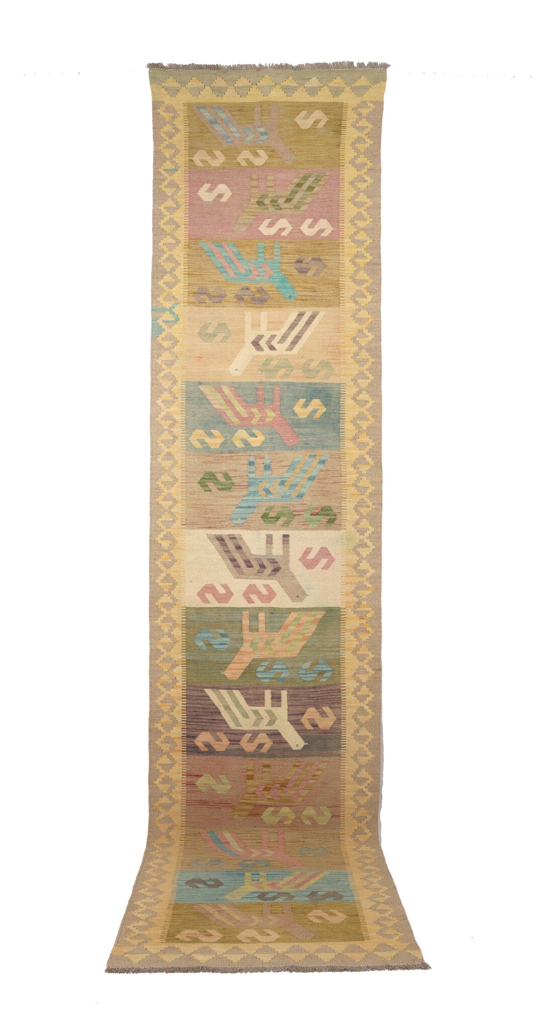 Natural Tone Bird Motif Kilim Runner, 400 × 85 cm — full view