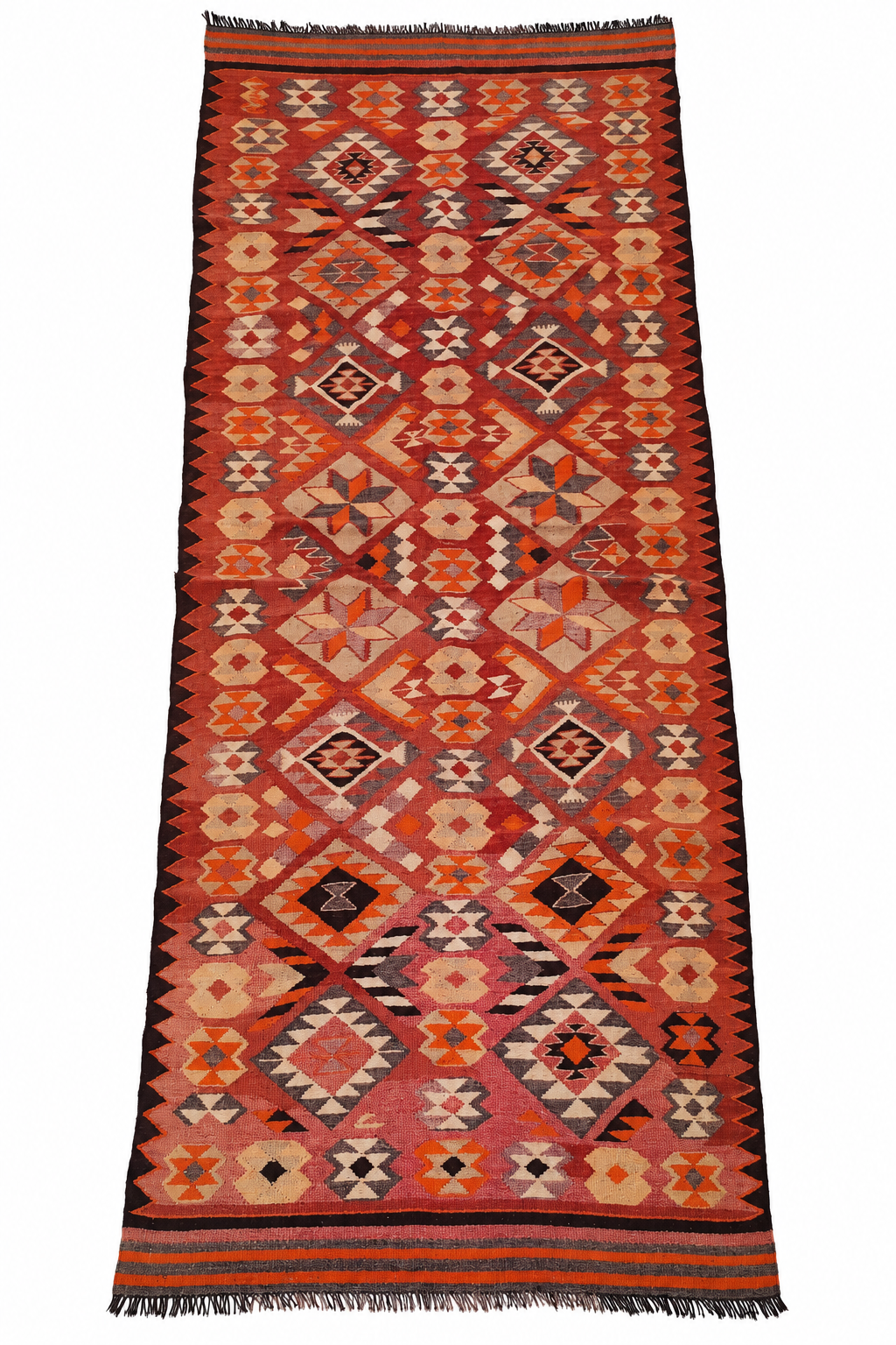 Rust and Orange Diamond Kilim Runner, 337 × 132 cm — full view