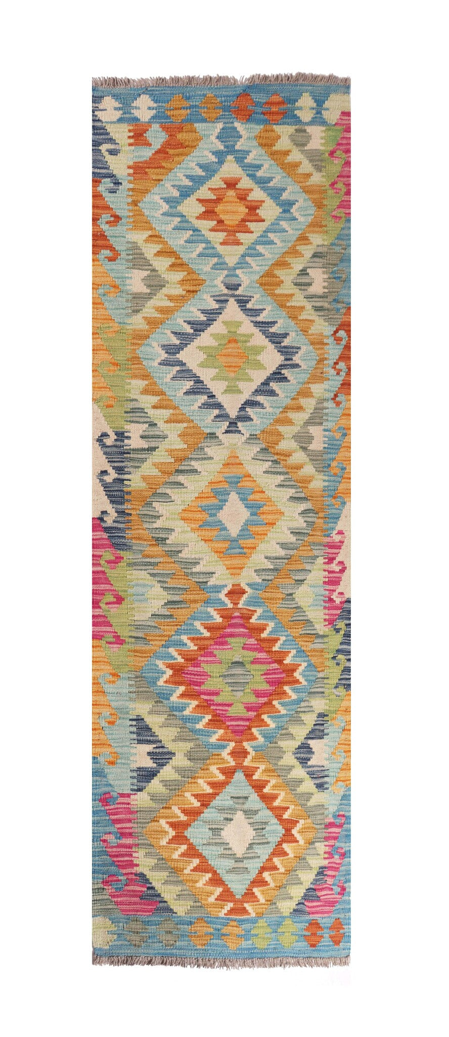 Turquoise Kilim Runner with Colorful Diamonds, 204 × 62 cm — full view