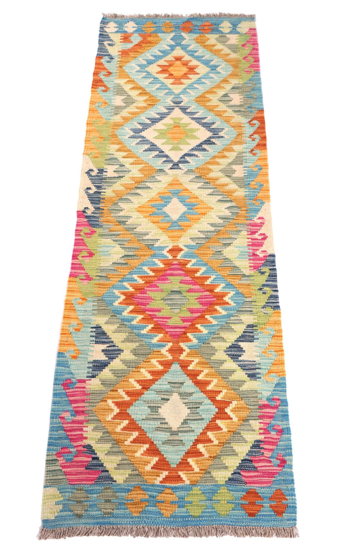 Turquoise Kilim Runner with Colorful Diamonds, 204 × 62 cm — detail 1