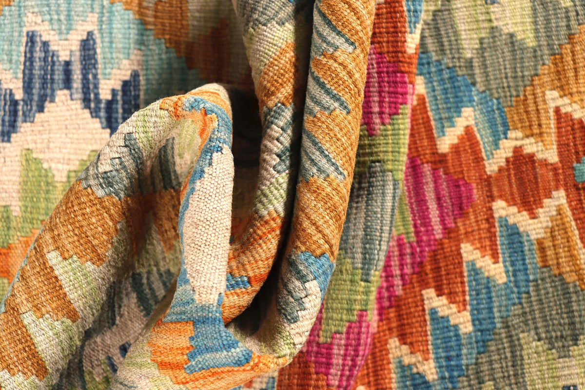 Turquoise Kilim Runner with Colorful Diamonds, 204 × 62 cm — detail 3