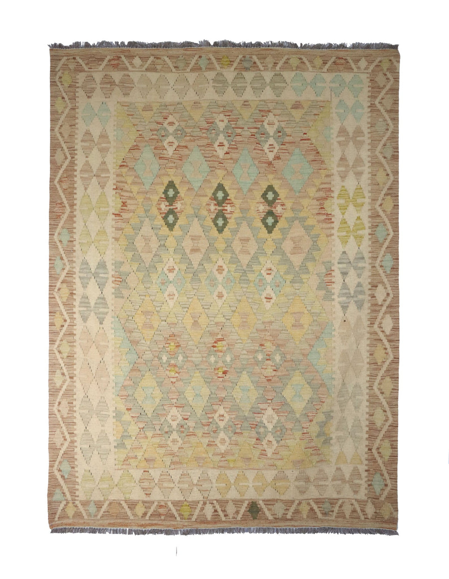 Muted Natural Tone Fine Diamond Kilim Rug, 192 × 142 cm — full view