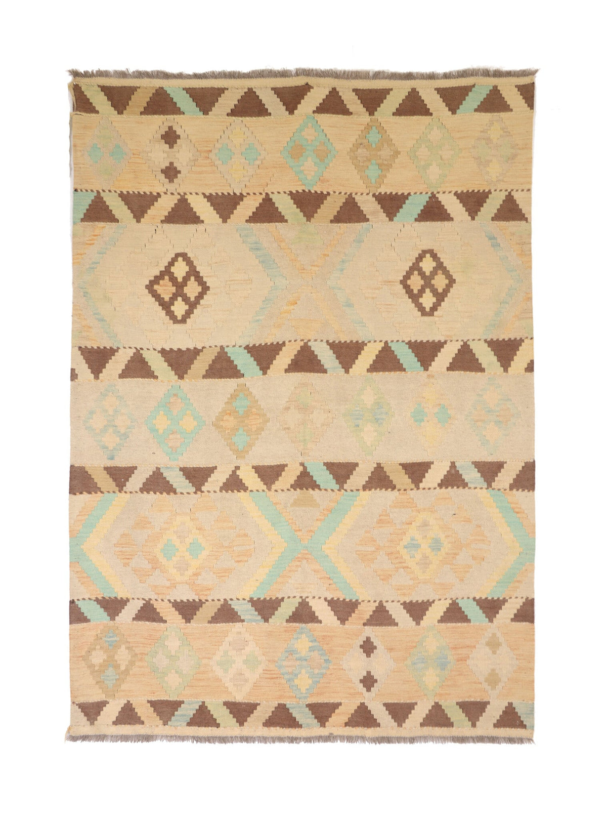 Beige Stripe and Triangle Kilim Rug, 195 × 150 cm — full view