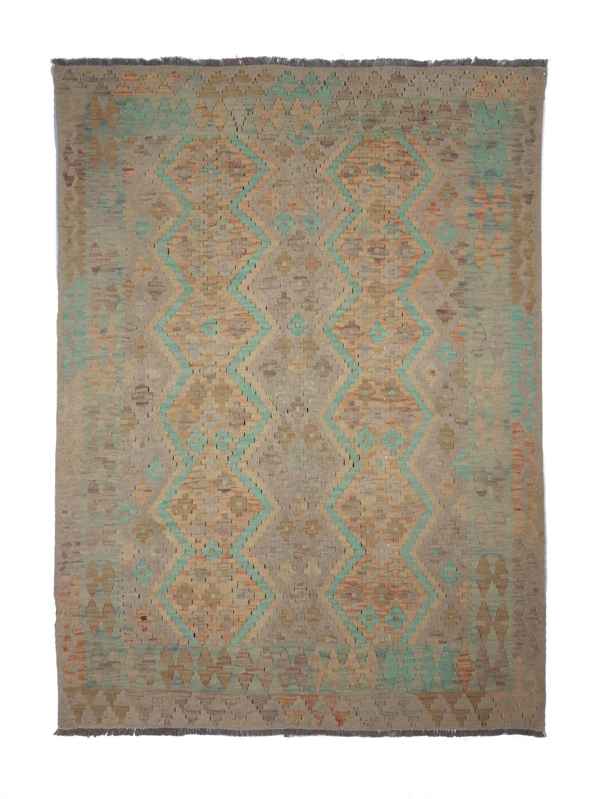 Muted Green and Natural Tone Kilim Rug, 196 × 145 cm — full view