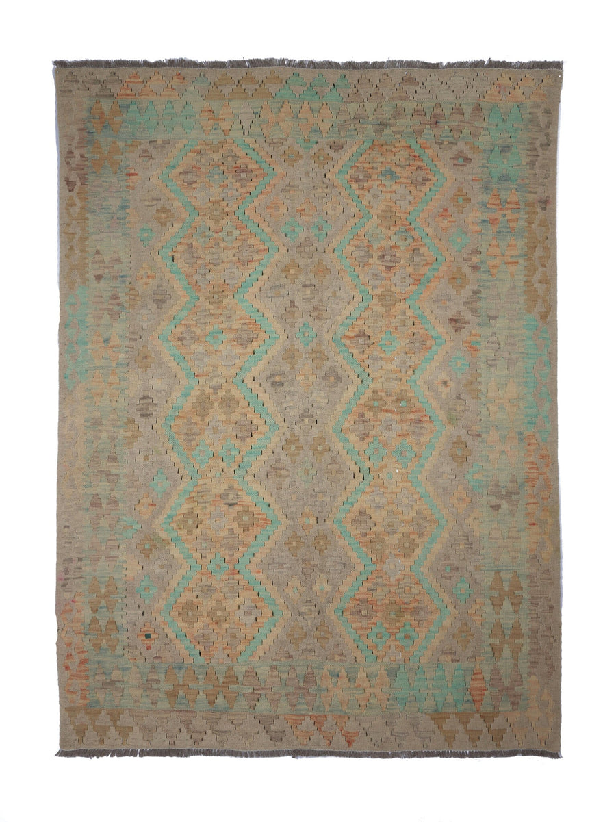 Muted Green and Natural Tone Kilim Rug, 196 × 145 cm — full view