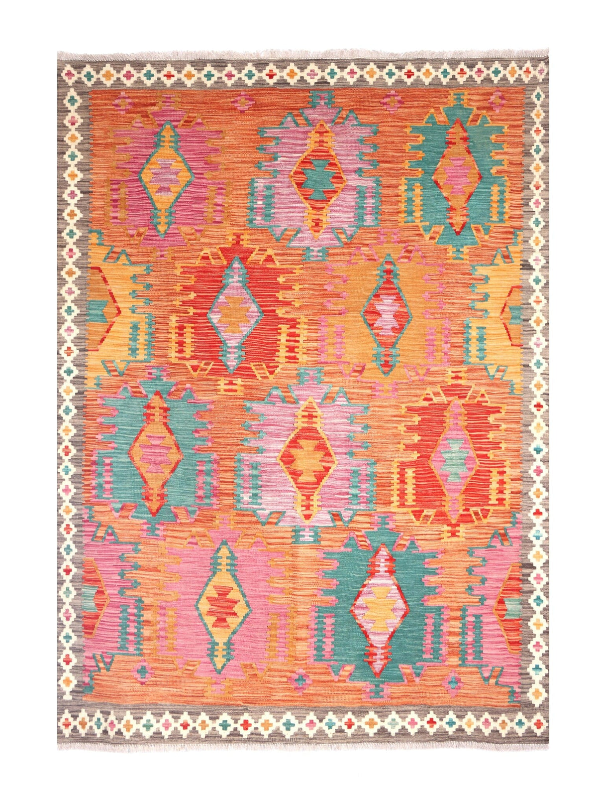 Colorful Elongated Medallion Kilim Rug, 196 × 152 cm — full view