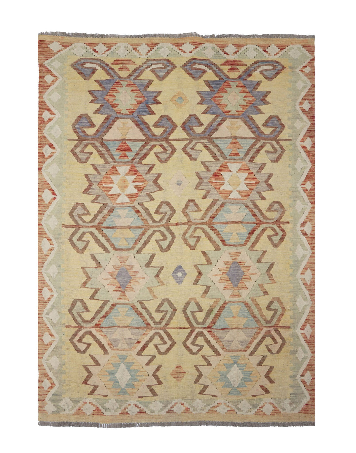 Bold Geometric Motif Kilim Rug, 197 × 144 cm — full view