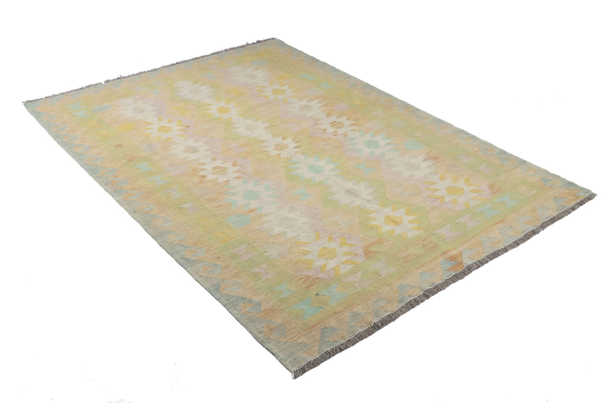 Green Kilim Rug with Light Jagged Diamonds, 198 × 146 cm — view 3