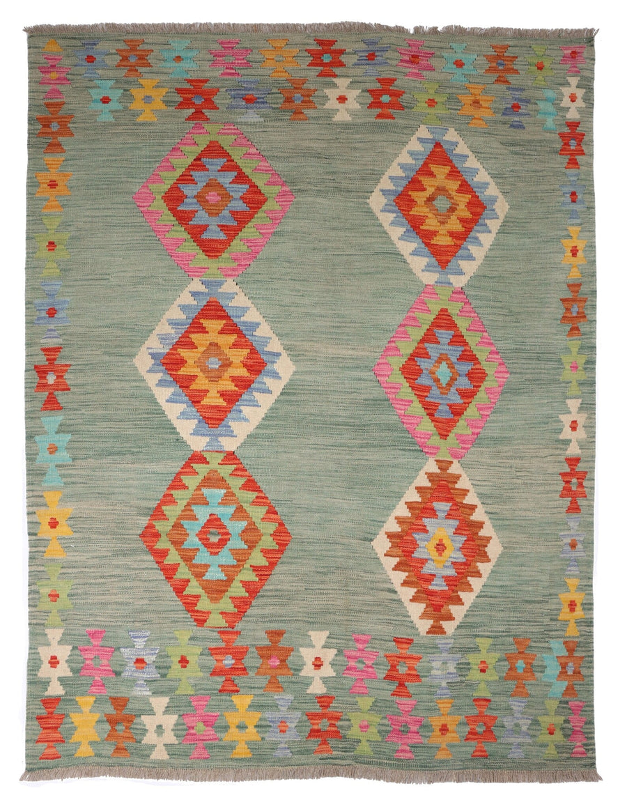 Green Kilim Rug with Red Medallions, 200 × 149 cm — full view