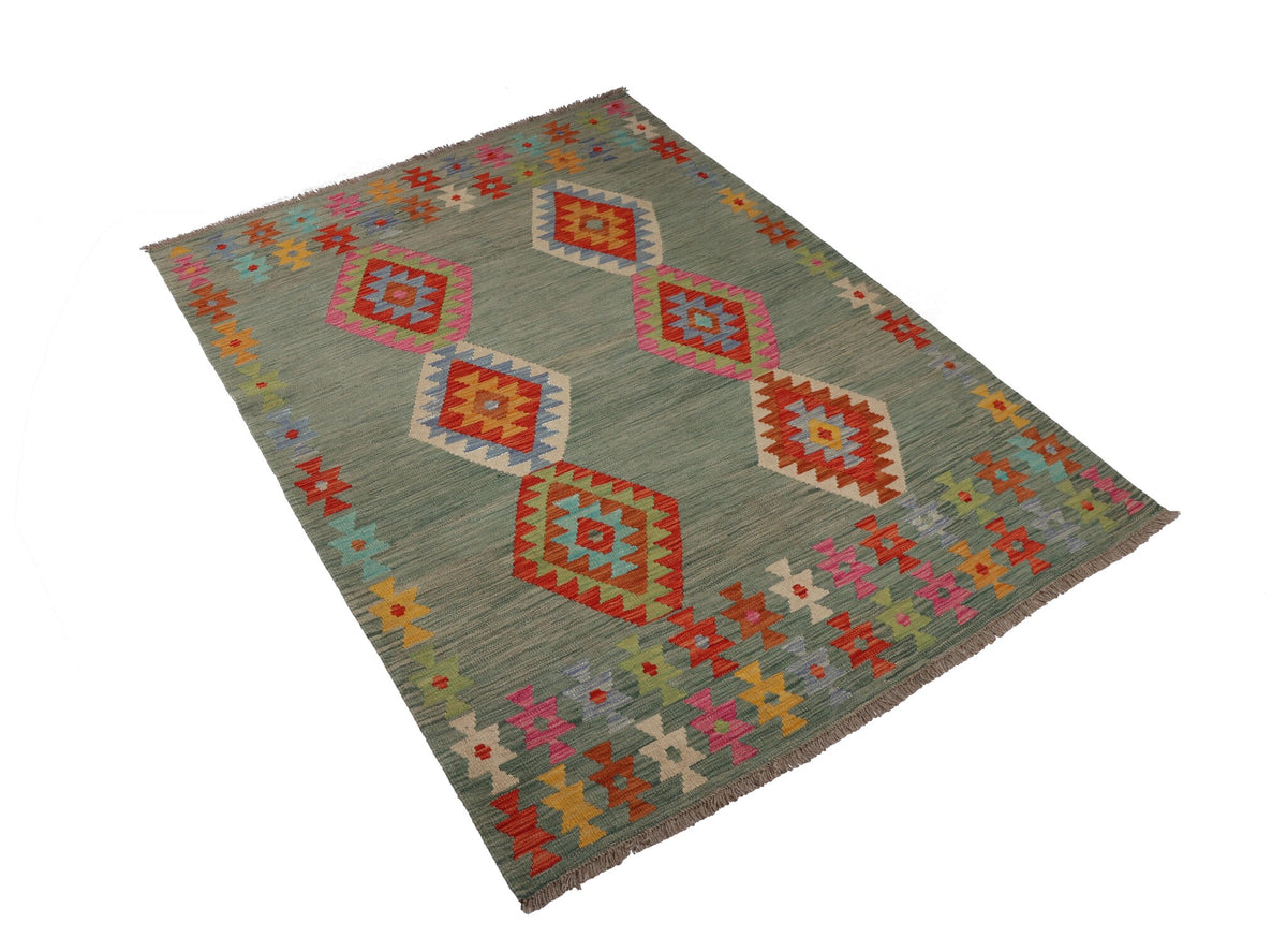 Green Kilim Rug with Red Medallions, 200 × 149 cm — view 2