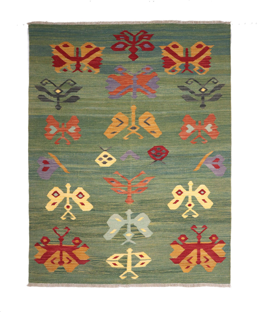 Green Multicolor Motif Kilim Rug, 201 × 150 cm — full view