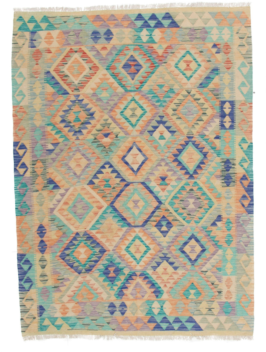 Turquoise and Natural Tone Diamond Kilim Rug, 210 × 152 cm — full view