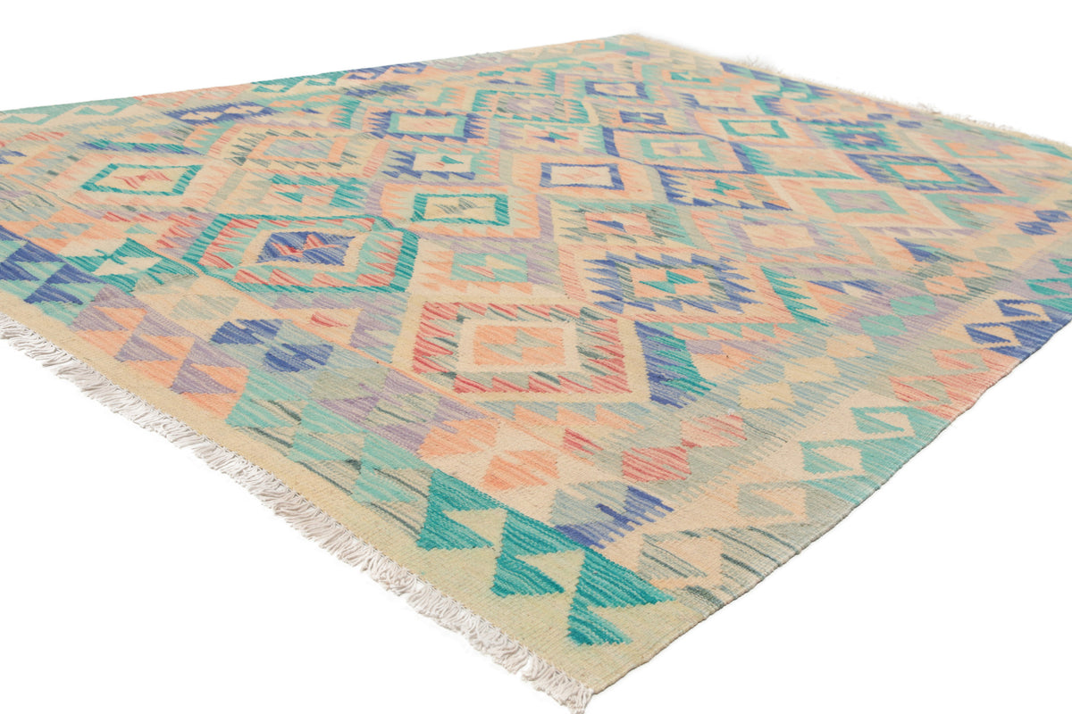 Turquoise and Natural Tone Diamond Kilim Rug, 210 × 152 cm — view 4
