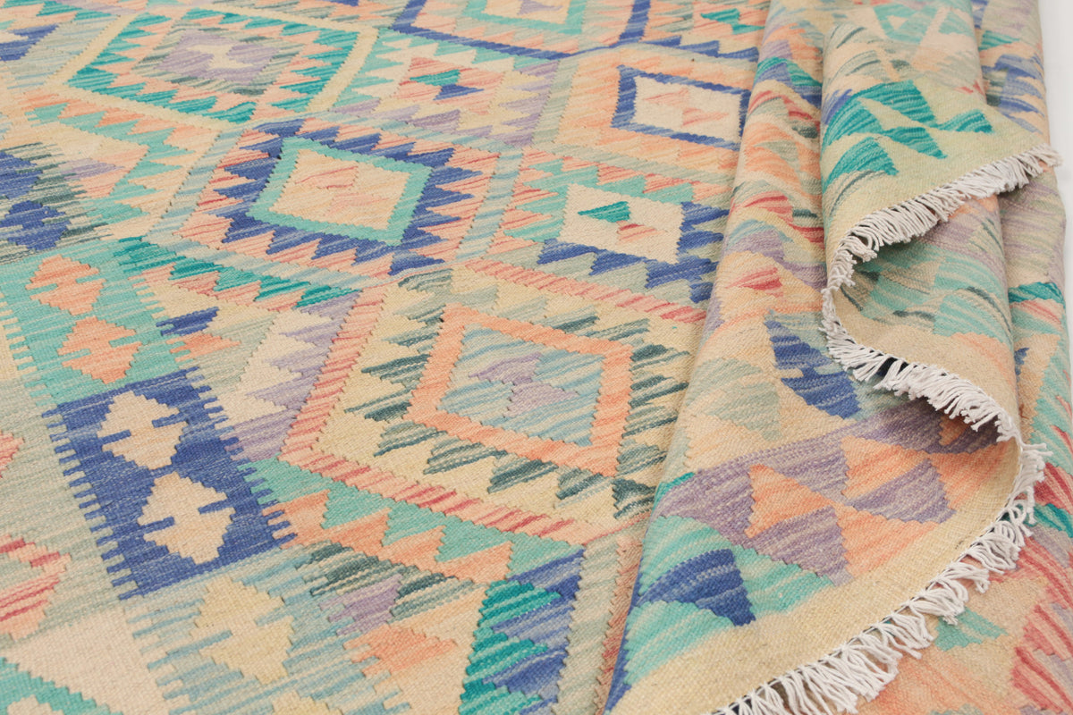 Turquoise and Natural Tone Diamond Kilim Rug, 210 × 152 cm — view 8