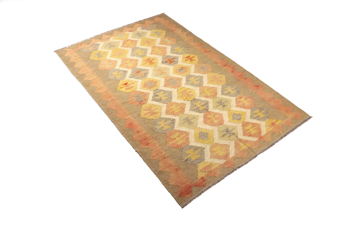Yellow and Pink Diamond Grid Kilim Rug, 213 × 139 cm — view 2