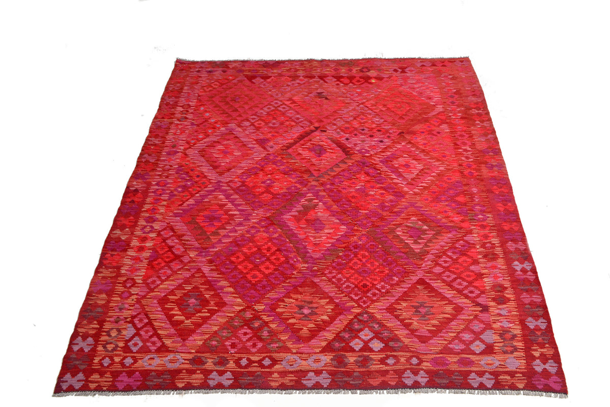Pink and Red Fine Diamond Kilim Rug, 233 × 184 cm — view 5