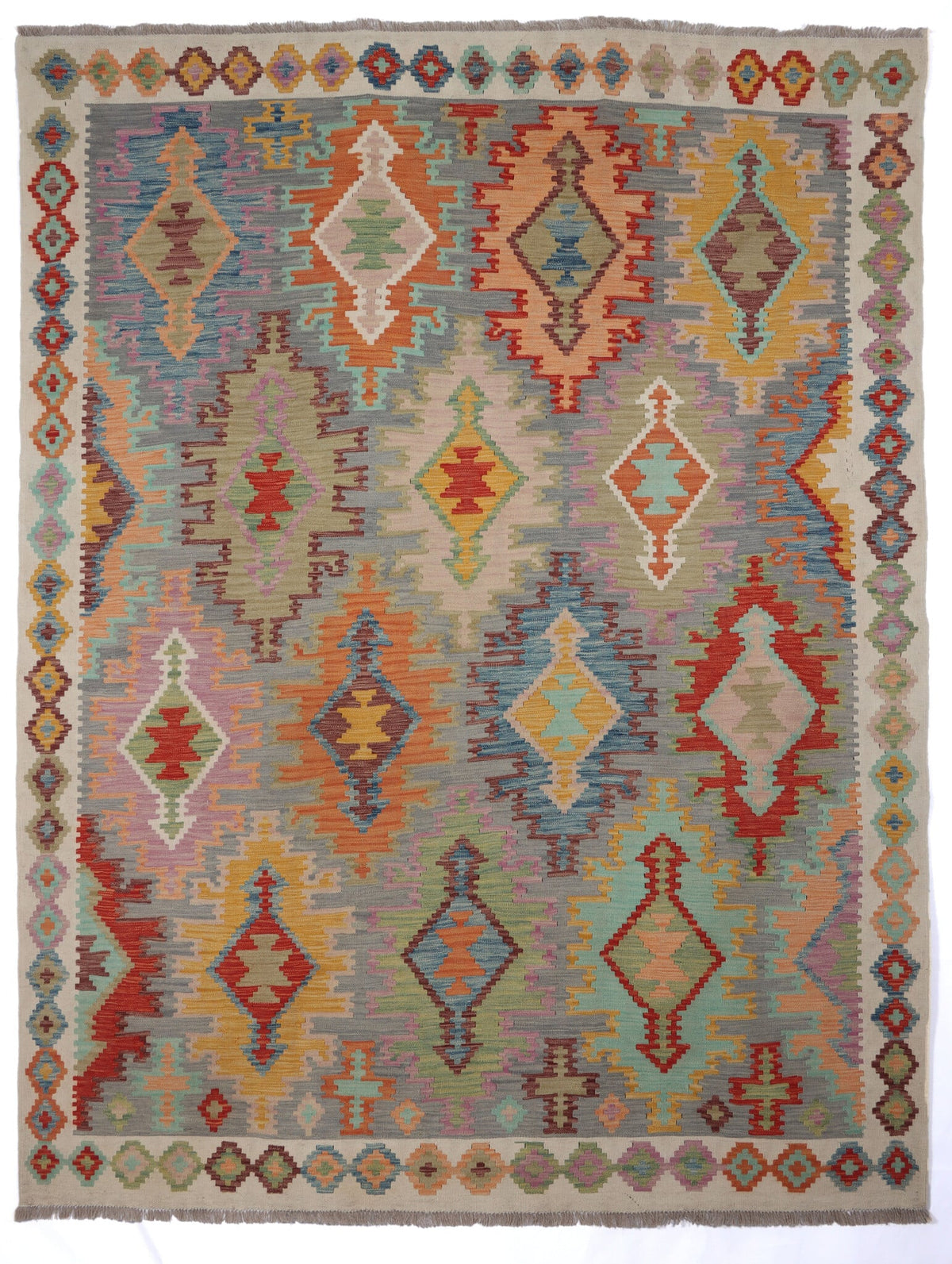 Colorful Diamond Medallion Kilim Rug, 240 × 195 cm — full view
