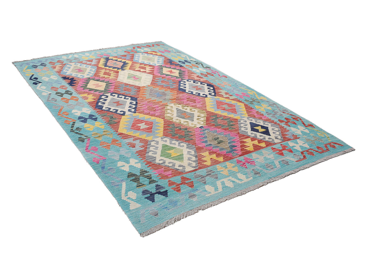 Turquoise Colorful Diamond Kilim Rug, 246 × 171 cm — view 2