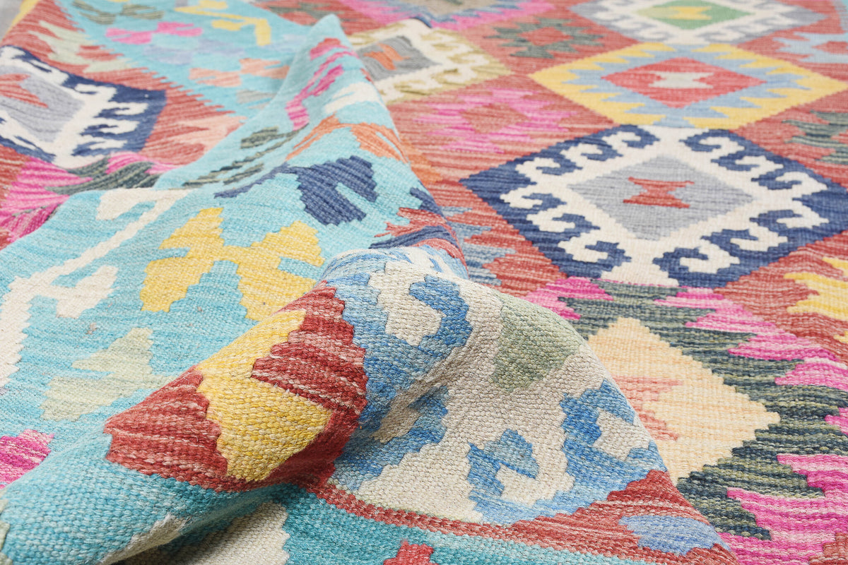 Turquoise Colorful Diamond Kilim Rug, 246 × 171 cm — view 4