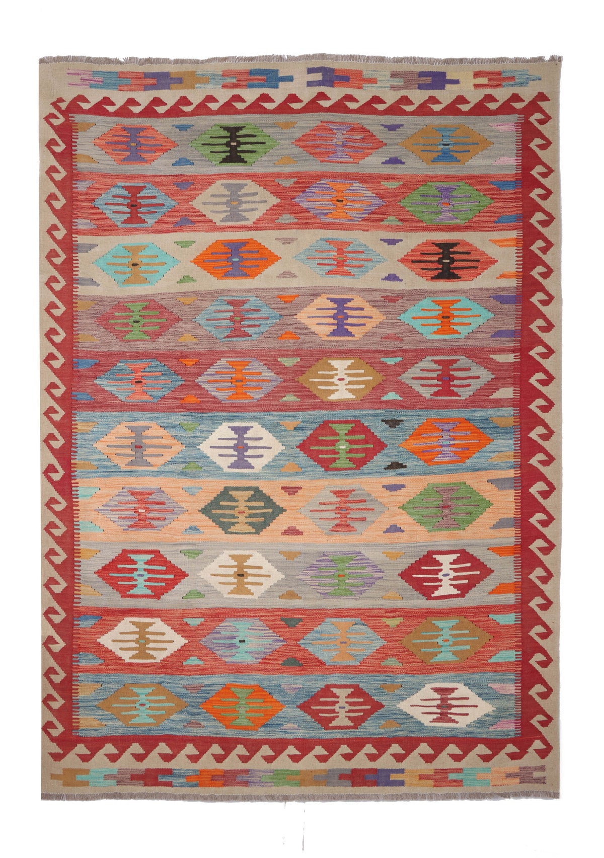 Red Stripe and Medallion Kilim Rug, 250 × 175 cm — full view