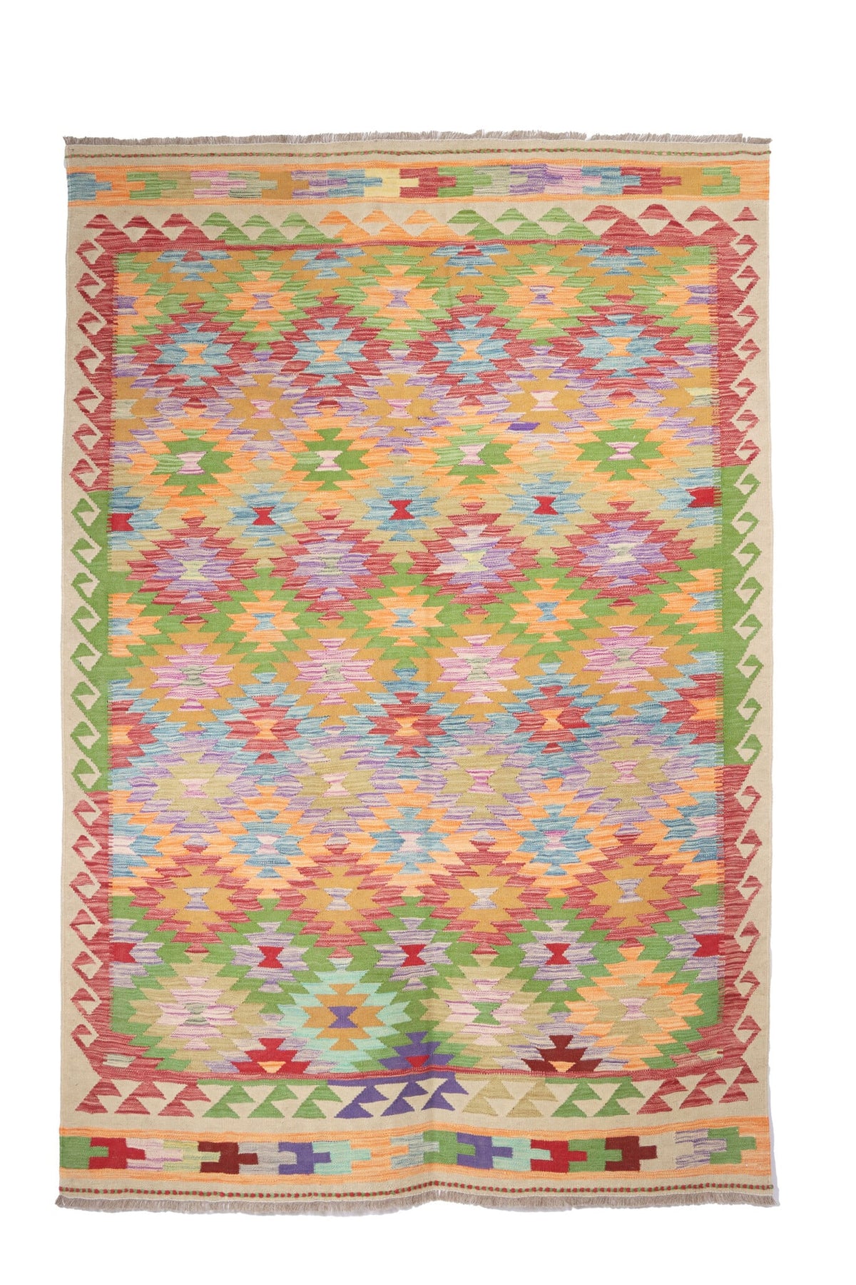 Pink Diamond Kilim Rug with Red Border, 255 × 170 cm — full view