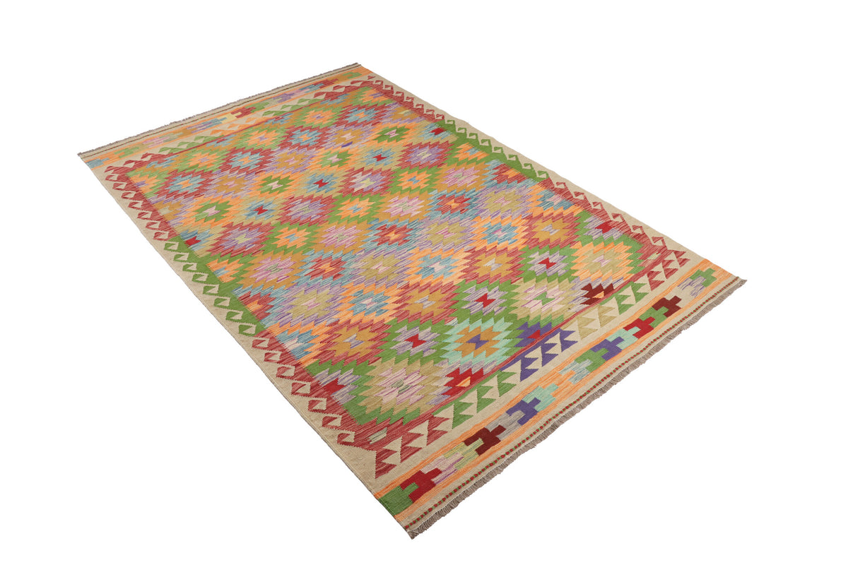 Pink Diamond Kilim Rug with Red Border, 255 × 170 cm — view 2