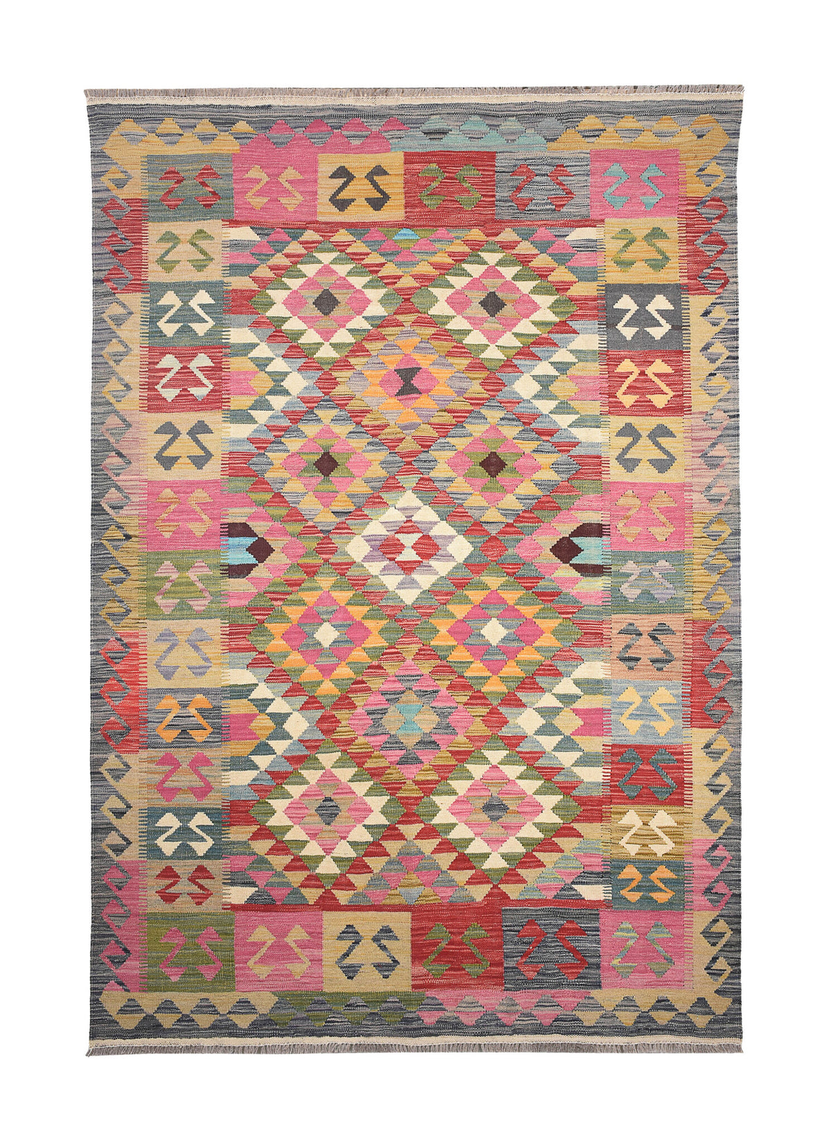 Colorful Geometric Panel Kilim Rug, 256 × 174 cm — full view