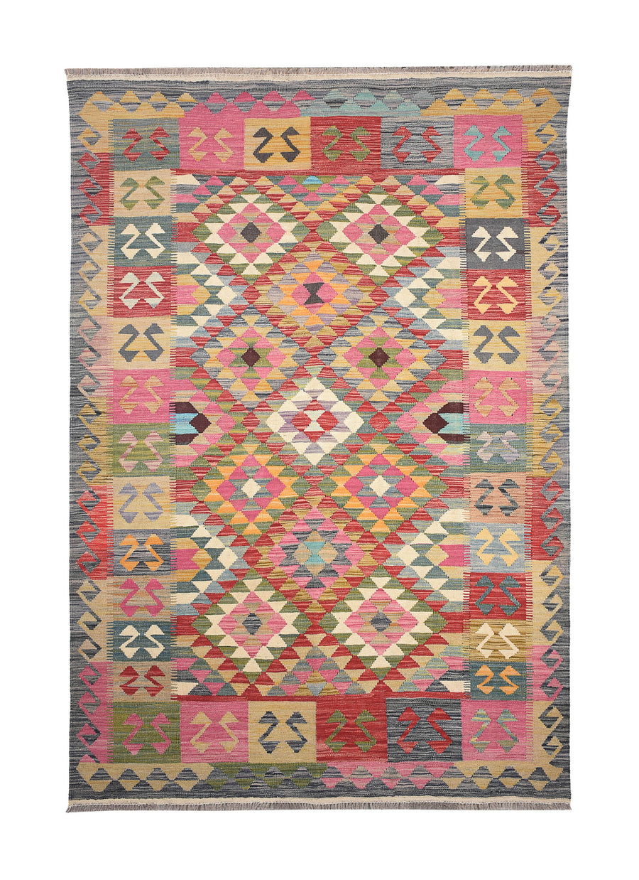 Colorful Geometric Panel Kilim Rug, 256 × 174 cm — full view