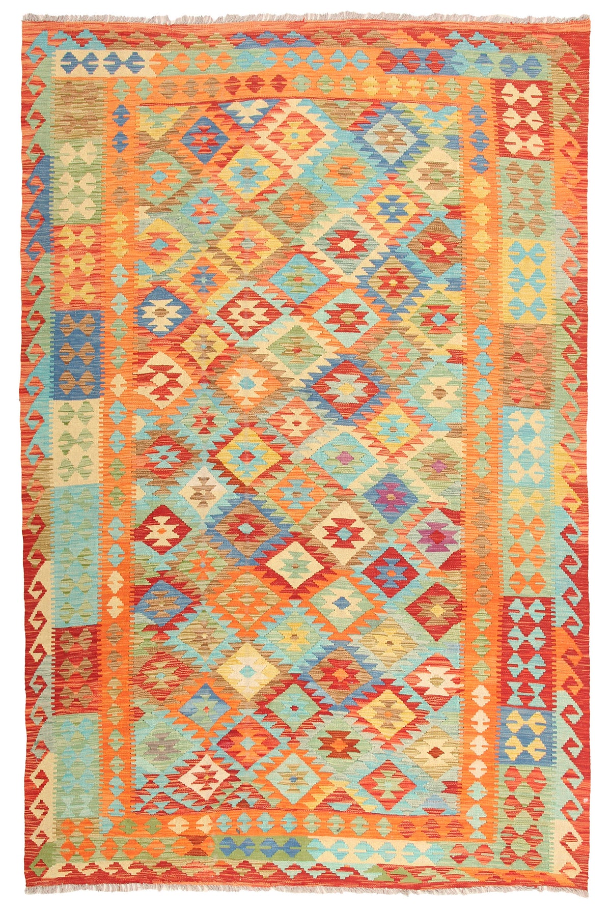 Orange and Turquoise Diamond Kilim Rug, 293 × 196 cm — full view