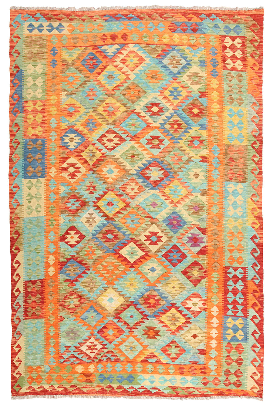 Orange and Turquoise Diamond Kilim Rug, 293 × 196 cm — full view